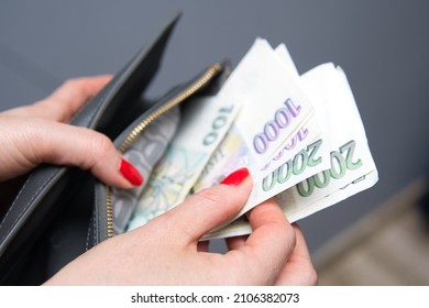 a woman puts Czech crowns in her wallet. The woman holds the Czech currency. A concept showing the Czech economy