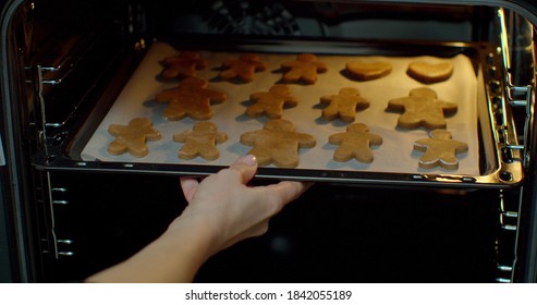 The Woman Puts Gingerbread Cookies In The Oven.