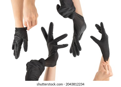 Putting black short leather gloves pic