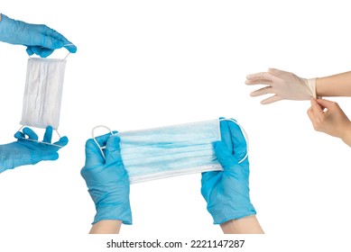 Woman Puts On Protective Mask With Blue Rubber Gloves. Isolated On White.