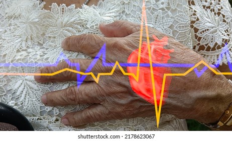 Woman Putting Her Hand On Her Chest With A Heart Wave Pattern.