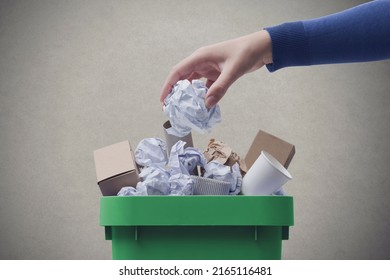 Woman Putting Paper In The Waste Bin, Separate Waste Collection And Recycling Concept