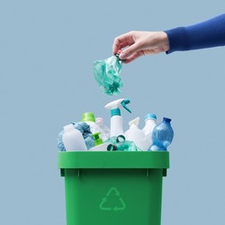 Woman Putting A Plastic Bottle In A Full Recycling Bin, Separate Waste Collection Concept