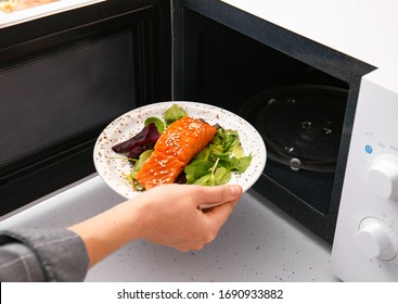 Woman Putting Plate With Food In Microwave Oven