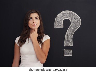 Woman With Question Mark On Blackboard