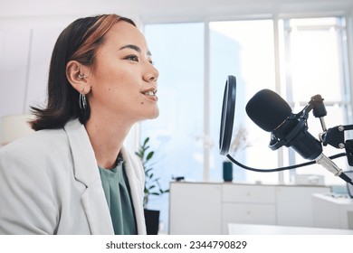 Woman, radio presenter and speech on microphone, thinking and ideas for financial advice on air. Podcast host, recording and business talk show with sound, tech and info on live streaming in studio - Powered by Shutterstock