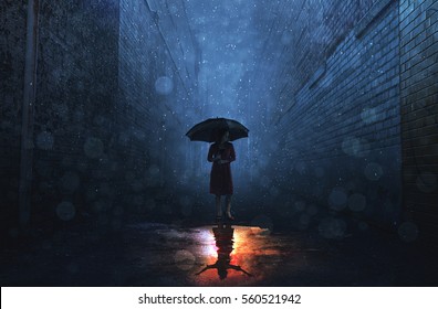 A Woman In A Rain Storm Has A Sunny Reflection.