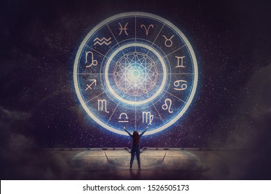 Woman raising hands looking at the night sky. Astrological wheel projection, choose a zodiac sign. Trust horoscope future predictions, consulting stars. Power of universe, astrology esoteric concept.