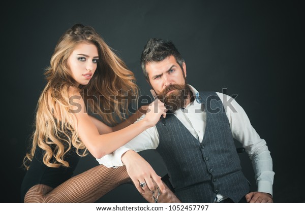 Woman Razor Scissors Cut Hair Man Stockfoto Jetzt
