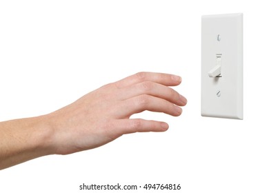 Woman Reaching For Light Switch On White