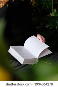 Woman Reading A Book, Girl Holds White Book While Reading At Home. Reading Mock Up , Close Up Details. 