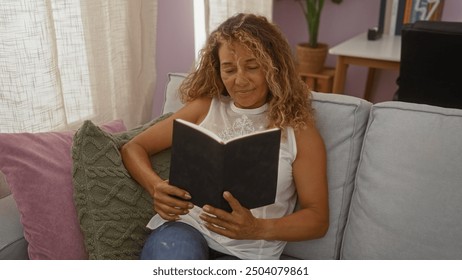 Woman reading book on couch in cozy home living room setting with natural light and comfortable decor - Powered by Shutterstock