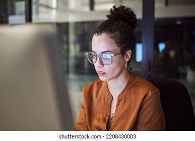 Woman, Reading And Glasses Reflection In Office At Night, Working On Computer Email Or Planning Business Schedule. Female Worker, Pc Tech Screen And Overtime Web Research In Dark Company Workplace.