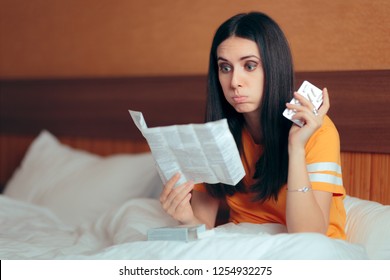 Woman Reading Medicine Leaflet Before Taking Pills. Careful Pregnant Girl Checking Medication Instructions For Safe Use
