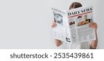 Woman reading morning newspaper on white background with space for text