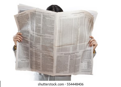 Woman Reading Newspaper On White Background