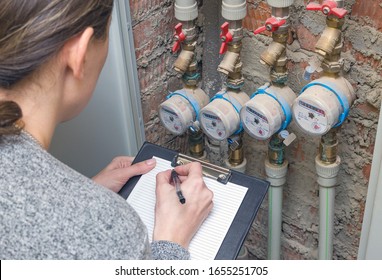 Woman Reading The Water Meter. Household Water Consumption, Concept.