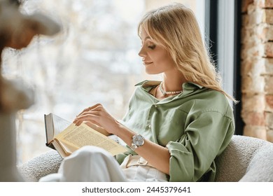 Woman reads peacefully by a sunny window. - Powered by Shutterstock