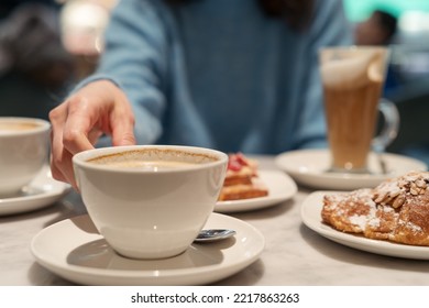 Woman Ready To Drink Coffee At Breakfast Table. White Cup With Hot Drink And Copy Space