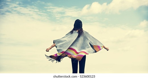 Woman Rear View Arms Outstretched Carefree Cloudscape Concept