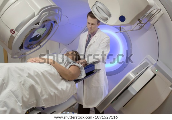 Woman receiving Radiation Therapy treatments for\
breast cancer