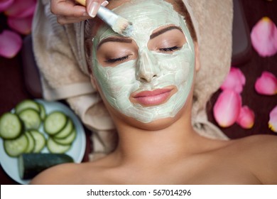 
Woman Receiving Spa Treatment With Cosmetic Mask, Skincare, Antiaging, Acne