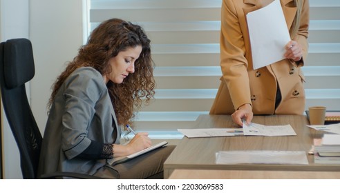 Woman Receiving Work During A Meeting With Boss And Collegue. Calm Modern Working Environment Leading To Work Well Done.