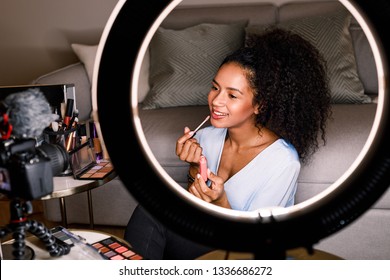 Woman Recording Makeup Tutorial With Dslr And Ring Light