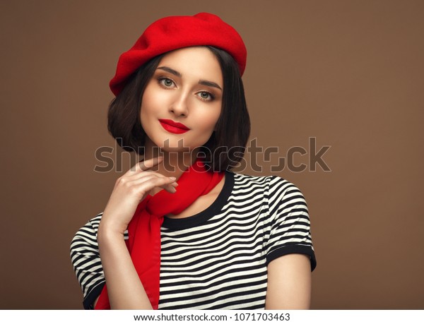 Woman Red Beret Strippes Tshirt French Stock Photo Edit Now