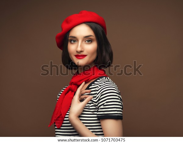 Woman Red Beret Strippes Tshirt French Stock Photo Edit Now