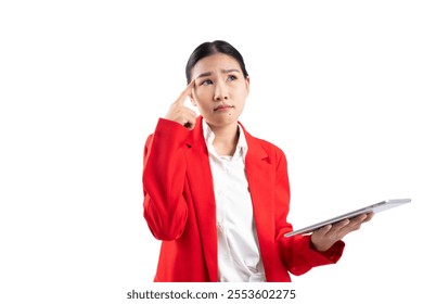 A woman in a red blazer looking confused while holding a tablet, representing uncertainty in decision-making. - Powered by Shutterstock