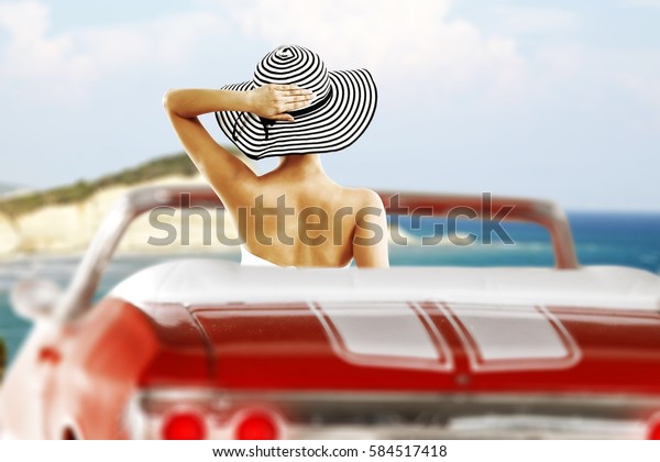 woman in red car and summer
time 