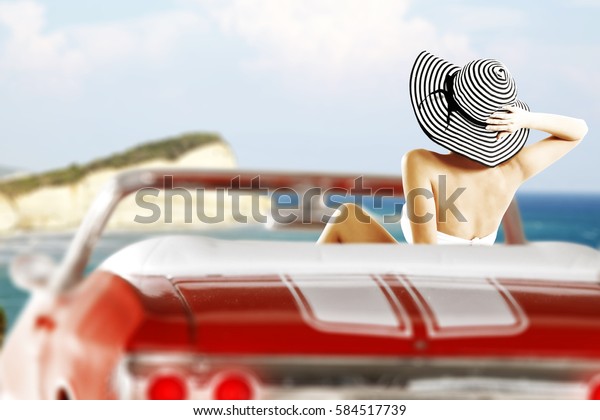woman in red car and summer\
time 