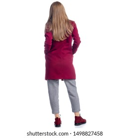 Woman in red coat standing looking autumn on white background isolation, back view - Powered by Shutterstock
