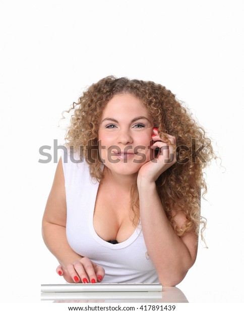 Woman Red Curly Hair Typing On Stock Photo Edit Now 417891439