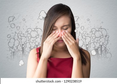 A Woman In A Red Dress Catches Her Nose Because Of A Bad Smell, Against Toxic Smoke Cartoon Background, Poor Quality Of Life In The City, Quality Of Life Of Urban People. PM2.5