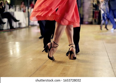 Woman In Red Dress Dancing Argentinian Tango Milonga