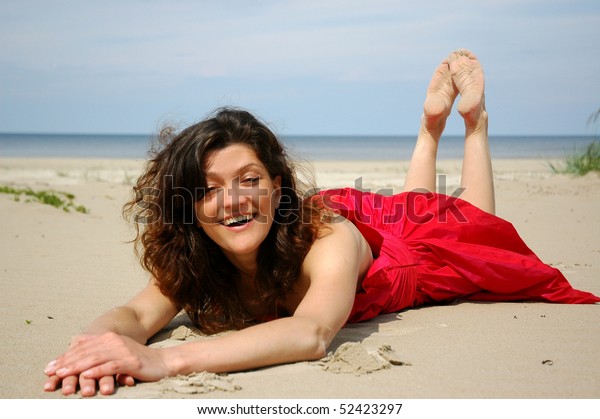 Woman Red Dress On Beach Stock Photo (Edit Now) 52423297