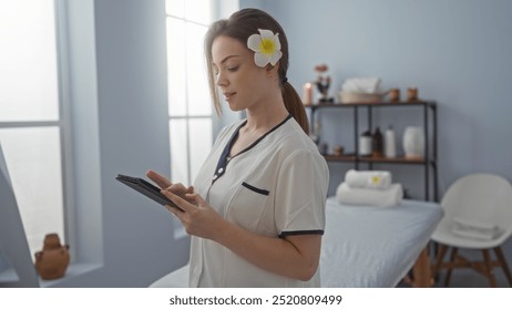 Woman with red hair and flower in a beauty spa salon using tablet indoors - Powered by Shutterstock