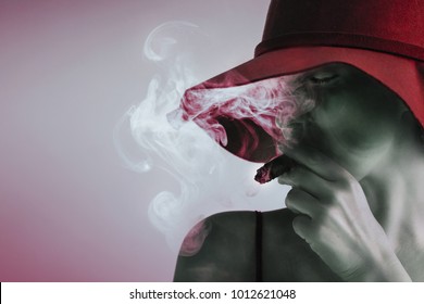 Woman With Red Hat Smoking Cigar