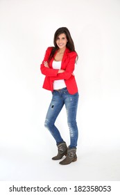 Woman With Red Jacket Standing On White Bakground