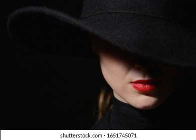 Woman Red Lips Black Hat On Stock Photo 1651745071 