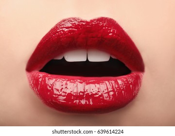 Woman With Red Lips Close Up