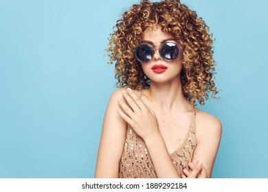 Woman Red Lips Curly Hair Charm Blue Background Sunglasses