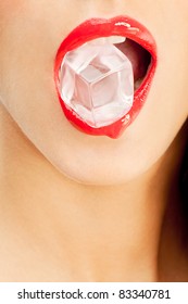 Woman Red Lips Detail Biting Ice Cube