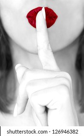 Woman Red Lips With Finger Shh