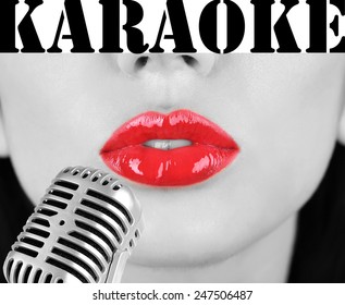 Woman With Red Lips And Retro Microphone, Karaoke Concept