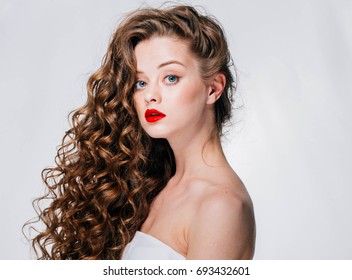 Woman Red Lipstick Curly Hair Fashion Stock Photo Edit Now