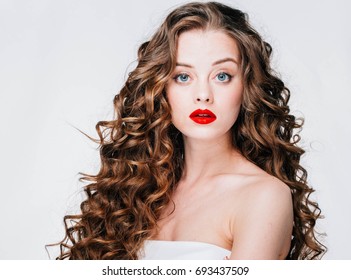 Woman Red Lipstick Curly Hair Fashion Stock Photo Edit Now