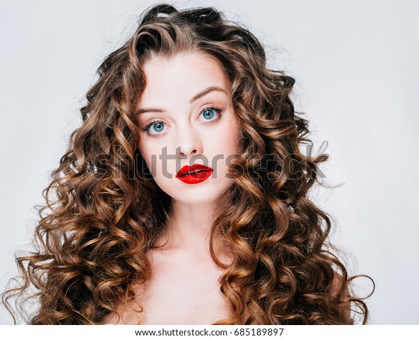 Woman Red Lipstick Curly Hair Fashion Stock Photo Edit Now 685189897